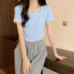 Real photo solid color versatile shoulder T-shirt for women in summer design tight short square collar slim collar top