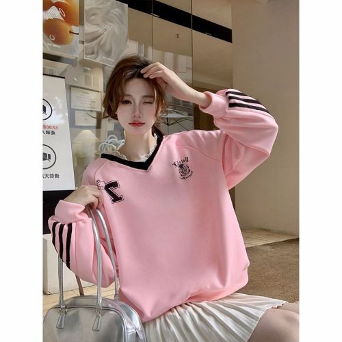 Women's Loose V-Neck Long-Sleeve Hoodie with Lace Splicing and Composite Printing Fashion Top