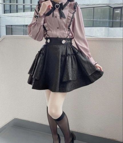 Dream Outlook Japanese Black Fans Harajuku Lotus Edge Child Collar Bow Tie Knot Shirt Top Skirt