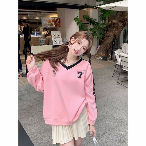Women's Loose V-Neck Long-Sleeve Hoodie with Lace Splicing and Composite Printing Fashion Top