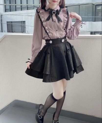 Dream Outlook Japanese Black Fans Harajuku Lotus Edge Child Collar Bow Tie Knot Shirt Top Skirt