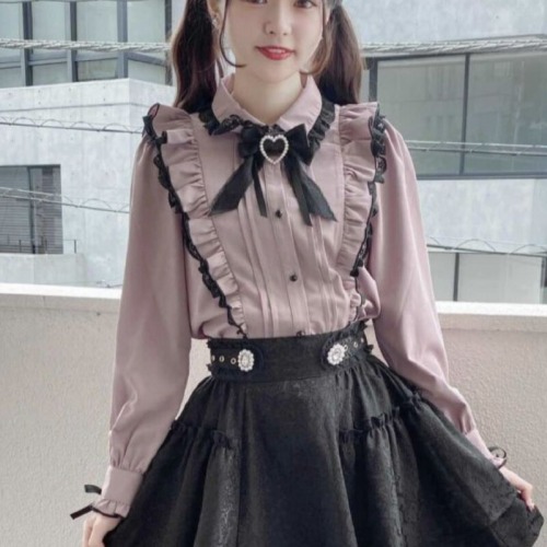 Dream Outlook Japanese Black Fans Harajuku Lotus Edge Child Collar Bow Tie Knot Shirt Top Skirt