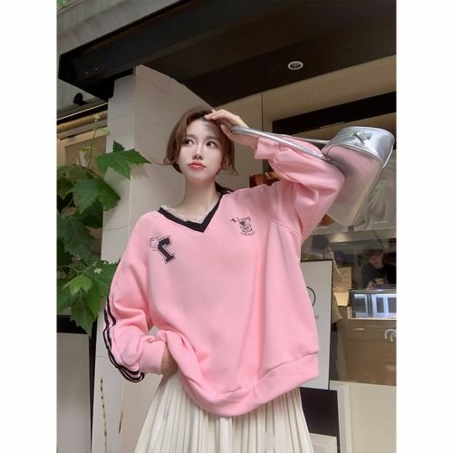 Women's Loose V-Neck Long-Sleeve Hoodie with Lace Splicing and Composite Printing Fashion Top