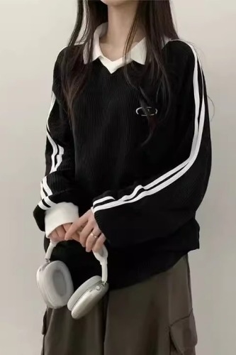 Korean slim fit comfortable loose polo neck top autumn two-piece long-sleeved simple versatile T-shirt