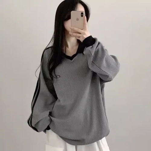 Korean slim fit comfortable loose polo neck top autumn two-piece long-sleeved simple versatile T-shirt