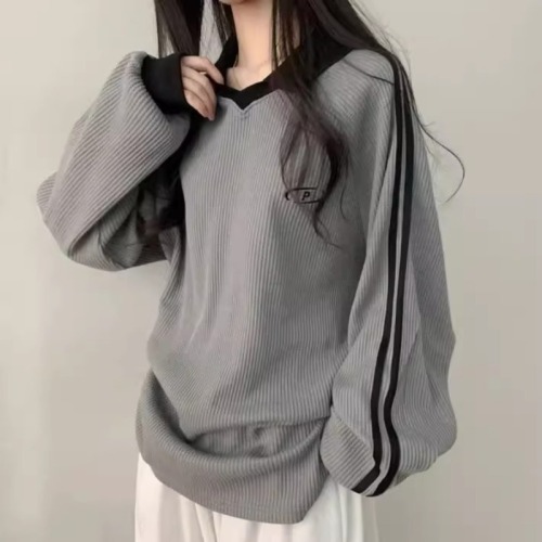 Korean slim fit comfortable loose polo neck top autumn two-piece long-sleeved simple versatile T-shirt