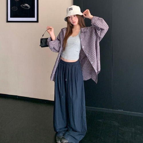 Shot  miu-style brown plaid loose turnover collar casual versatile open-collared shirt autumn high-waisted wide-leg drawstring pants