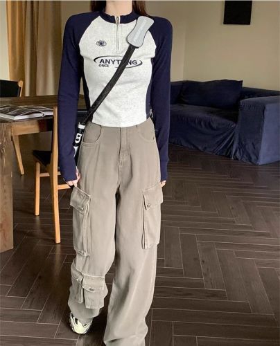 92 Cotton/8 Spandex 40 Denier 220g Pure Cotton Regular Shoulder Women's T-Shirt Long Sleeve Tailored Zipper Embroidery