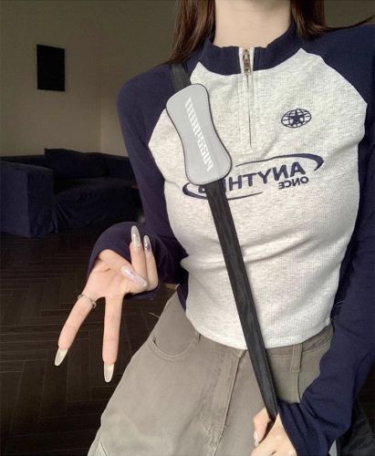 92 Cotton/8 Spandex 40 Denier 220g Pure Cotton Regular Shoulder Women's T-Shirt Long Sleeve Tailored Zipper Embroidery