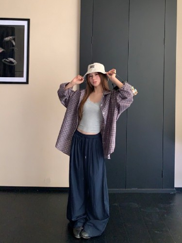 Shot  miu-style brown plaid loose turnover collar casual versatile open-collared shirt autumn high-waisted wide-leg drawstring pants
