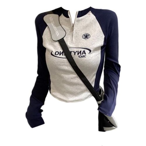 92 Cotton/8 Spandex 40 Denier 220g Pure Cotton Regular Shoulder Women's T-Shirt Long Sleeve Tailored Zipper Embroidery