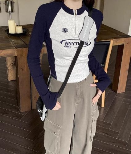 92 Cotton/8 Spandex 40 Denier 220g Pure Cotton Regular Shoulder Women's T-Shirt Long Sleeve Tailored Zipper Embroidery