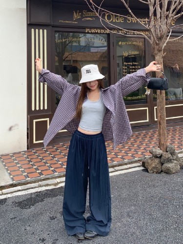 Shot  miu-style brown plaid loose turnover collar casual versatile open-collared shirt autumn high-waisted wide-leg drawstring pants