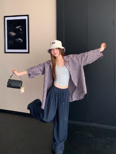 Shot  miu-style brown plaid loose turnover collar casual versatile open-collared shirt autumn high-waisted wide-leg drawstring pants