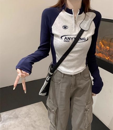 92 Cotton/8 Spandex 40 Denier 220g Pure Cotton Regular Shoulder Women's T-Shirt Long Sleeve Tailored Zipper Embroidery