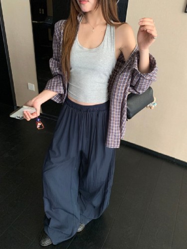 Shot  miu-style brown plaid loose turnover collar casual versatile open-collared shirt autumn high-waisted wide-leg drawstring pants