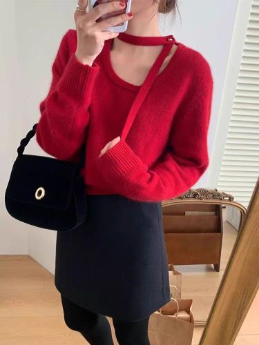 New Year Red Long-Sleeve Hooded Christmas Knitted Sweater with Neck Hang Design, Soft and Plush Wool Sweater, Elegant and Versatile Casual Cardigan
