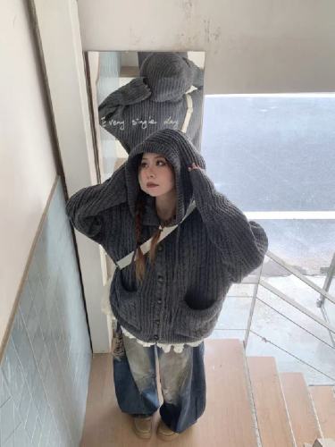 American Retro Relaxed Style Autumn/Winter Hooded Cardigan Sweater Jacket for Women, Design-Focused Loose Knit Top