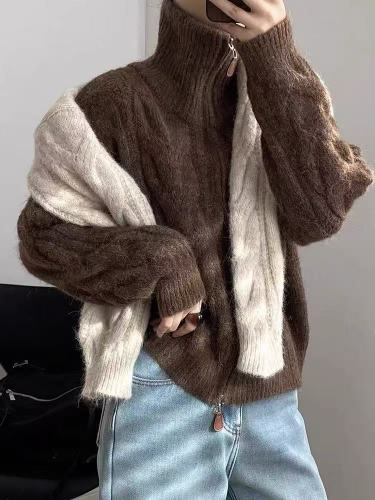 Women's Vintage Fringed Zipper Cardigan Sweater with High Collar, Korean Dongdaemun Style, Thickened, Slouchy, Stand Collar, for Autumn and Winter