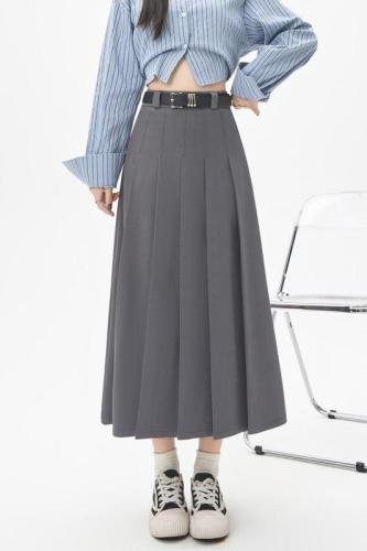 Real-life suit skirt mid-length women's autumn new gray long skirt high waist cover hips to make them look slim A-line pleated skirt