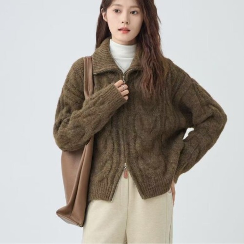 Women's Vintage Fringed Zipper Cardigan Sweater with High Collar, Korean Dongdaemun Style, Thickened, Slouchy, Stand Collar, for Autumn and Winter