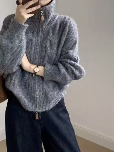 Women's Vintage Fringed Zipper Cardigan Sweater with High Collar, Korean Dongdaemun Style, Thickened, Slouchy, Stand Collar, for Autumn and Winter