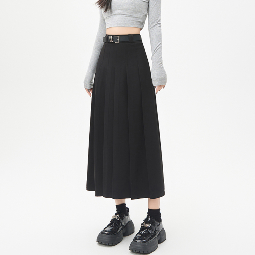 Real-life suit skirt mid-length women's autumn new gray long skirt high waist cover hips to make them look slim A-line pleated skirt