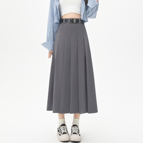 Real-life suit skirt mid-length women's autumn new gray long skirt high waist cover hips to make them look slim A-line pleated skirt