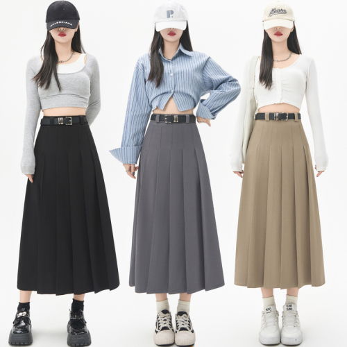 Real-life suit skirt mid-length women's autumn new gray long skirt high waist cover hips to make them look slim A-line pleated skirt