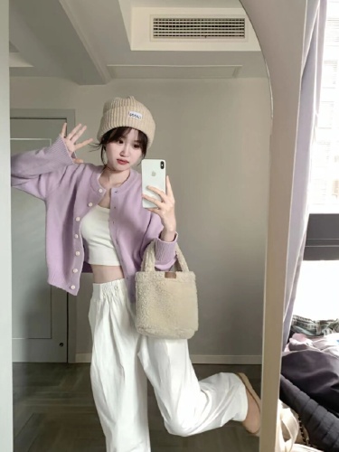 Early Spring Korean Style Blue Soft and Gentle Top Knit Short Sleeve Top with Relaxed Cardigan Outerwear