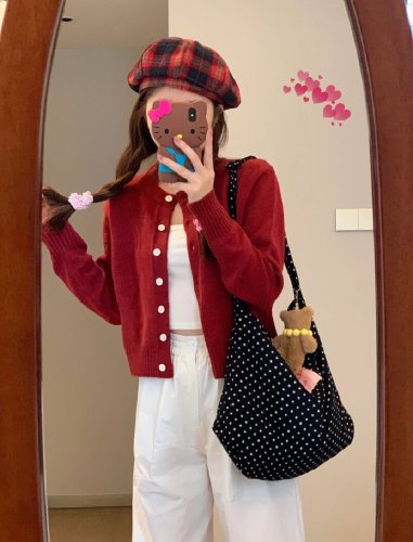 Early Spring Korean Style Blue Soft and Gentle Top Knit Short Sleeve Top with Relaxed Cardigan Outerwear