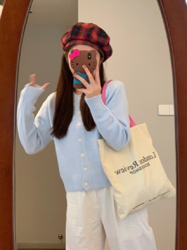 Early Spring Korean Style Blue Soft and Gentle Top Knit Short Sleeve Top with Relaxed Cardigan Outerwear