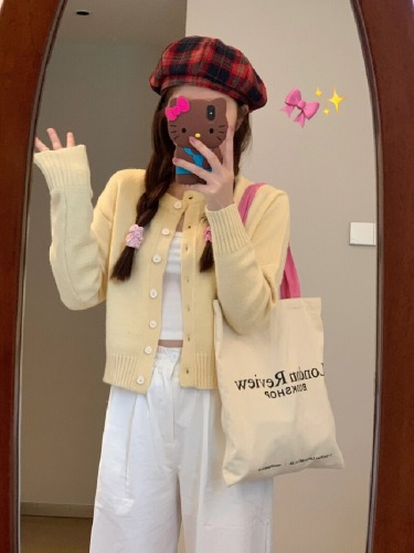 Early Spring Korean Style Blue Soft and Gentle Top Knit Short Sleeve Top with Relaxed Cardigan Outerwear