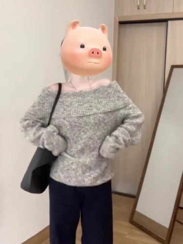 Korean Sweet and Spicy One-Shoulder Sweater, Denim Jeans, Autumn/Winter New Relaxed and Lazy Style Loose Shoulder Knit Set