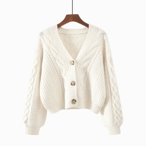 Korean Minimalist Style Loose-Fit Retro Cable-Knit Short-Sleeve Cardigan Jacket