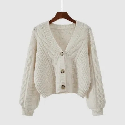 Korean Minimalist Style Loose-Fit Retro Cable-Knit Short-Sleeve Cardigan Jacket