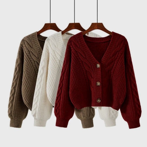 Korean Minimalist Style Loose-Fit Retro Cable-Knit Short-Sleeve Cardigan Jacket