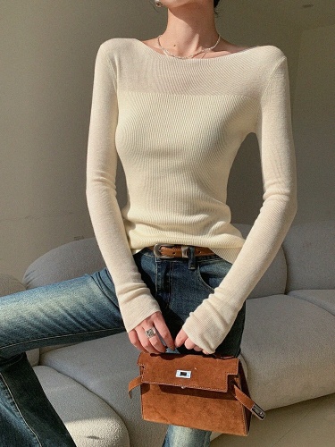Women's beige long-sleeved knit top, 2025 new design, slimming and stylish basic top for autumn and winter