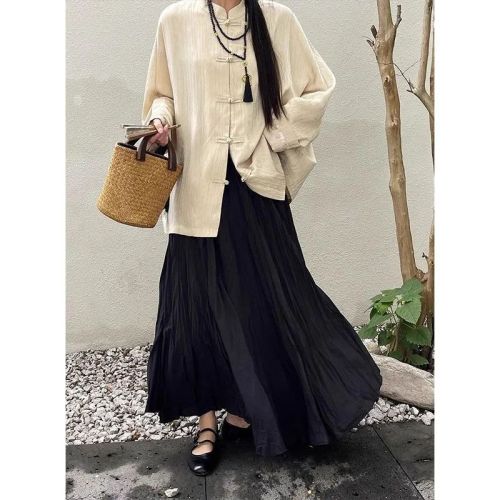 Fresh and fresh outfit autumn and winter Korean version with high waist and slim temperament design, wrinkle drooping, large A-line long skirt for women