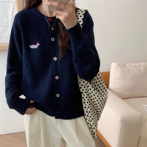 Spring Collection: Sweet & Elegant Embroidered Dachshund-Print Cardigan with Colorful Buttons – 2025 Latest Design, Round Neckline for a Slimming, Youthful Look
