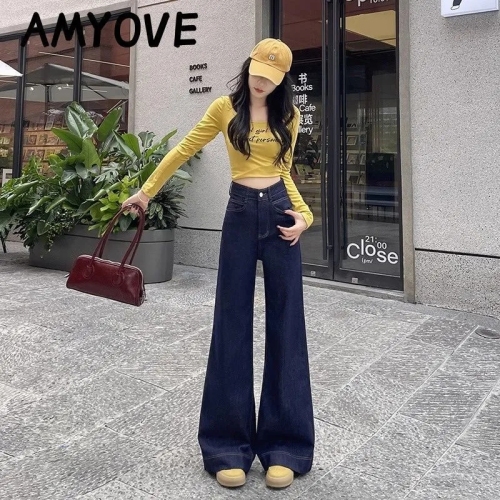 Denim Blue American Wide Leg MicroBell-bottom Jeans for Women Spring 2025 New Arrival Loose High-Waist Flowy Floor-Length Pants
