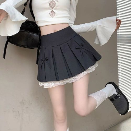 Design-sensual pleated skirt for women in summer gray lace splicing niche hot girls a-line short skirt 2025 new half body