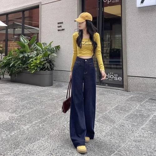 Denim Blue American Wide Leg MicroBell-bottom Jeans for Women Spring 2025 New Arrival Loose High-Waist Flowy Floor-Length Pants