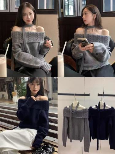 Korean-style relaxed yet sophisticated off-shoulder sweater for women—autumn's latest design, slimming, versatile, and featuring long sleeves.