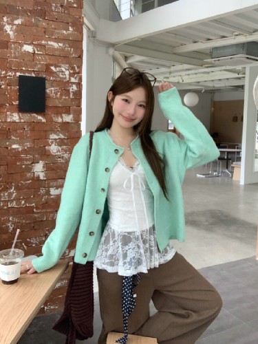 Real photo of Mint green retro curly knitted cardigan sweater jacket autumn style lace suspender strap