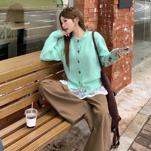 Real photo of Mint green retro curly knitted cardigan sweater jacket autumn style lace suspender strap