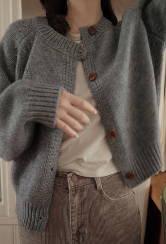 Original Photography Korean Version Thickened Cardigan Coat Autumn/Winter New Solid Color Single Button Round Neck Knit Sweater for Women