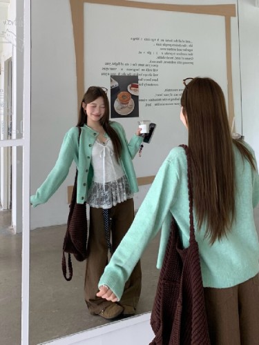 Real photo of Mint green retro curly knitted cardigan sweater jacket autumn style lace suspender strap