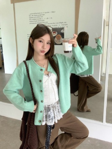 Real photo of Mint green retro curly knitted cardigan sweater jacket autumn style lace suspender strap