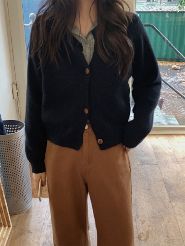 Original Photography Korean Version Thickened Cardigan Coat Autumn/Winter New Solid Color Single Button Round Neck Knit Sweater for Women